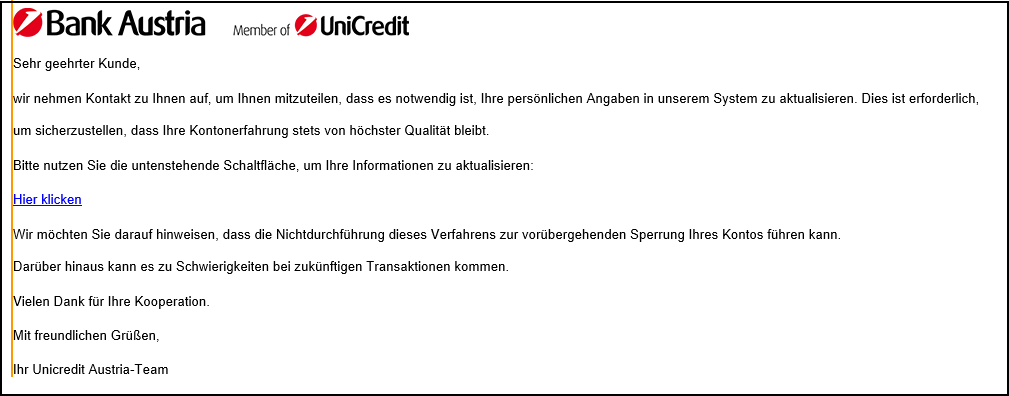 Phishing Aktualisierung pers&ouml;nliche Angaben