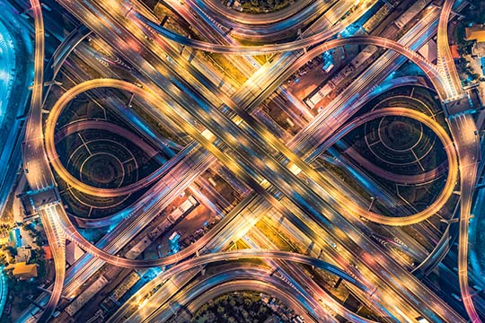 Aerial View of Busy Intersection at night